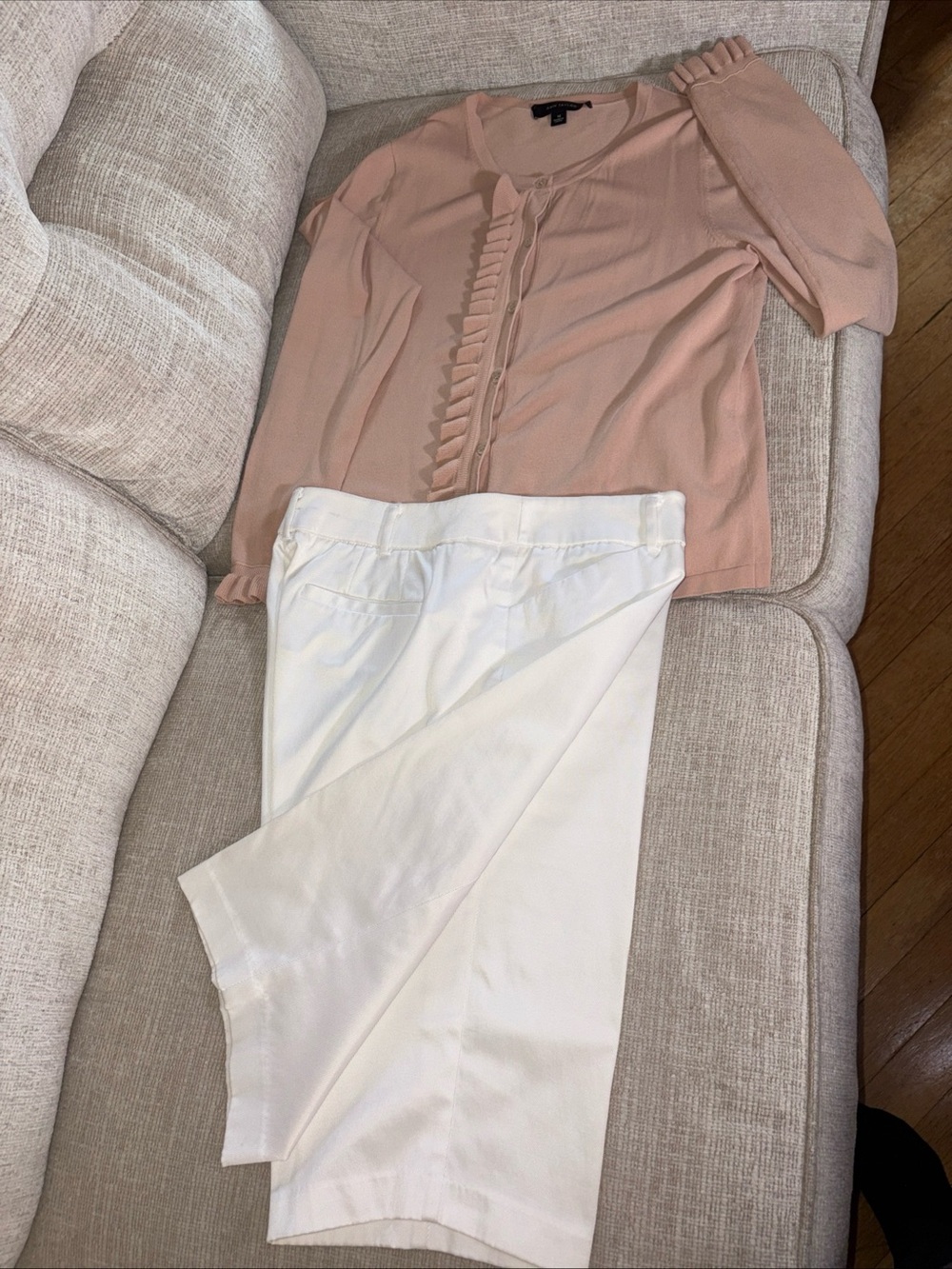 Ann Taylor Peach Ruffle-Trim Cardigan Sz M & NY&Co White Bermuda Sz 10 Shorts